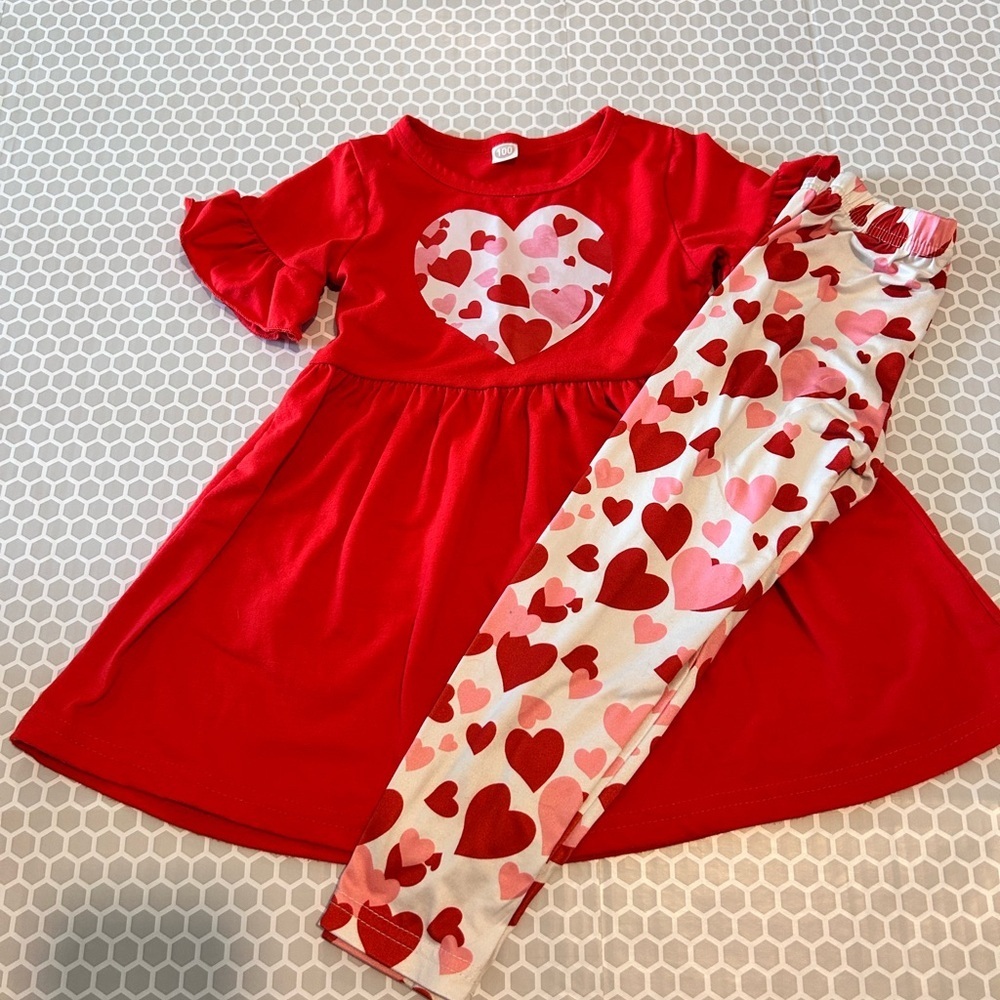 Red Heart Top with Heart Print Leggings Set Size 4T